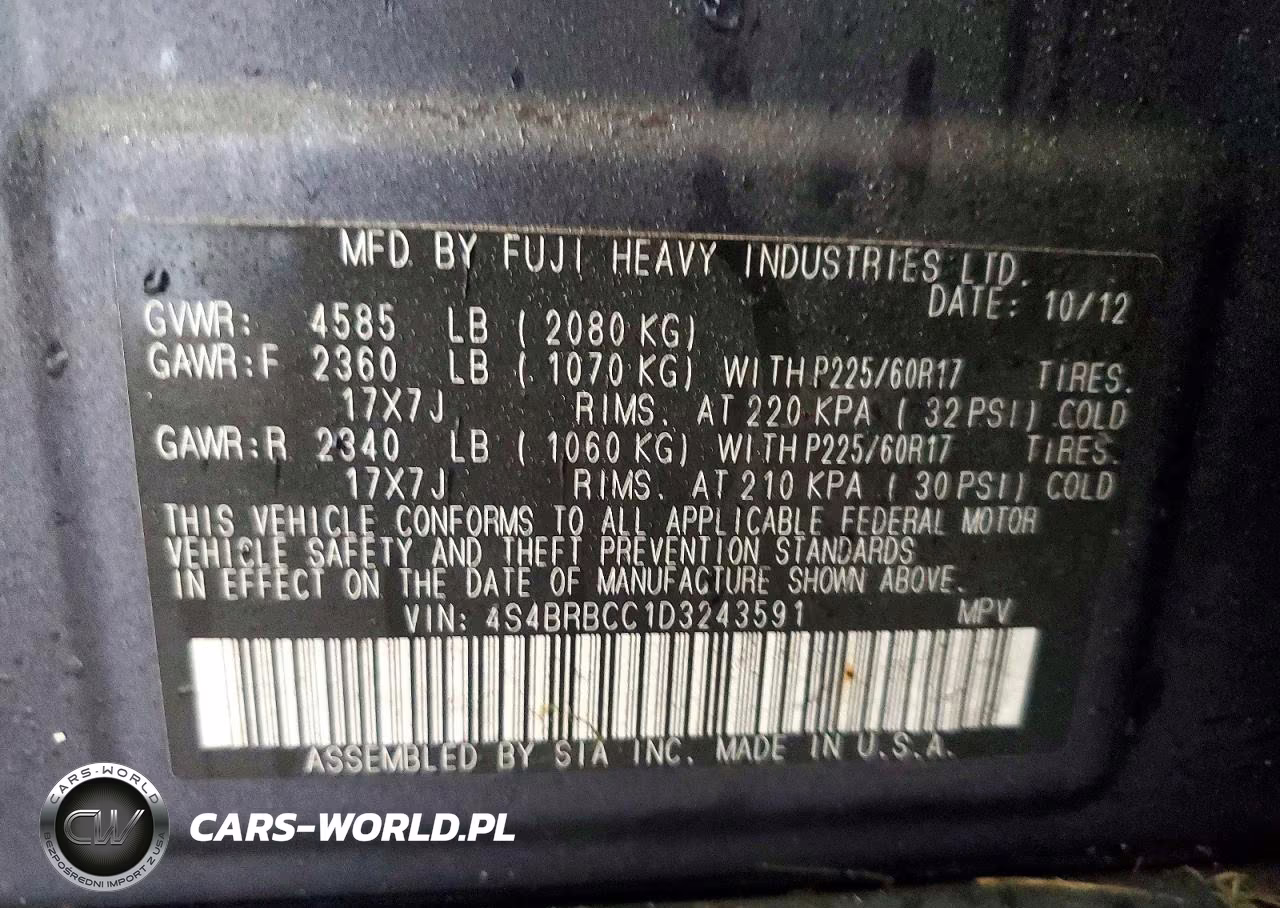 2013 Subaru Outback 2.5I Premium VIN:4S4BRBCC1D3243591 - 13