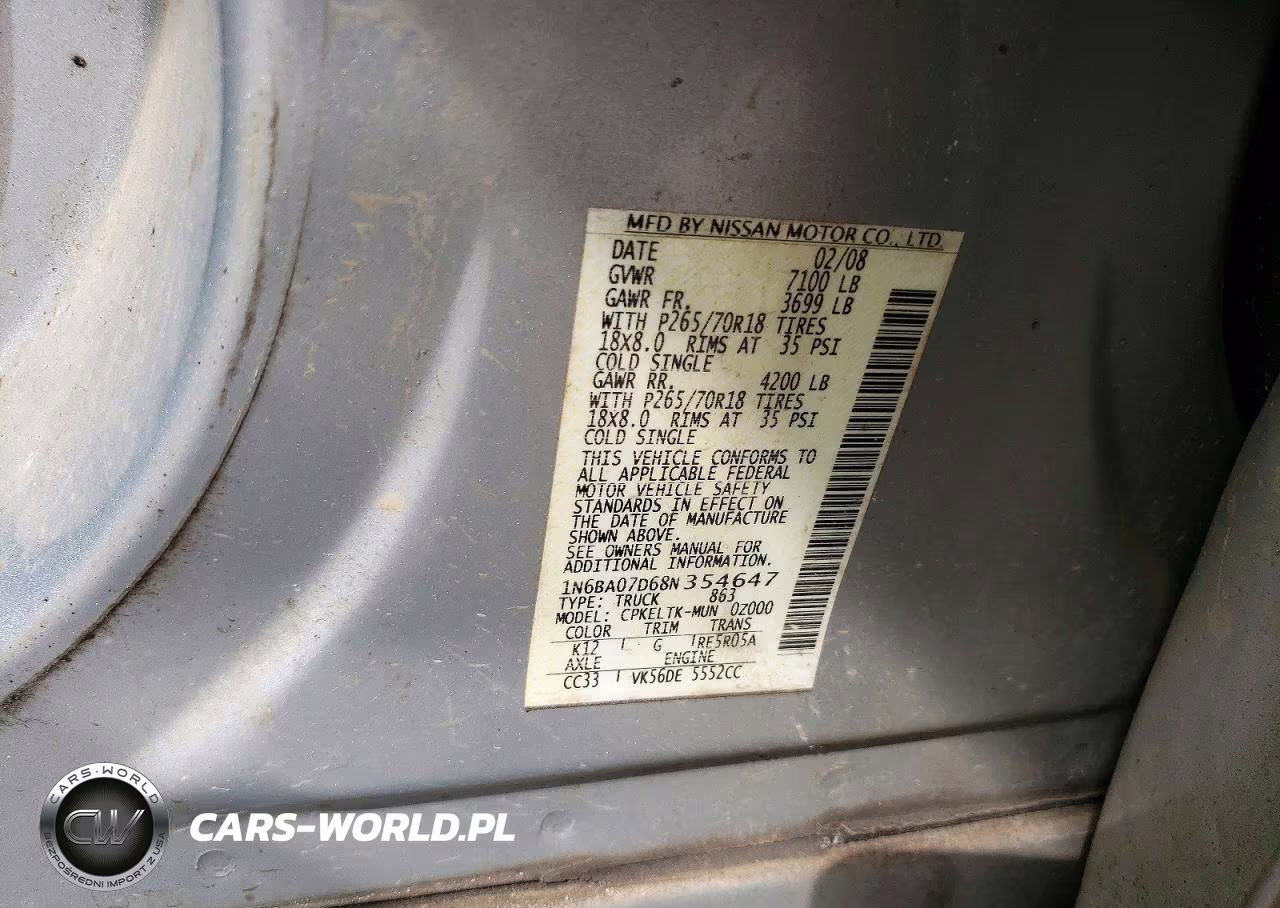 2008 Nissan Titan Xe Ffv VIN:1N6BA07D68N354647 - 12