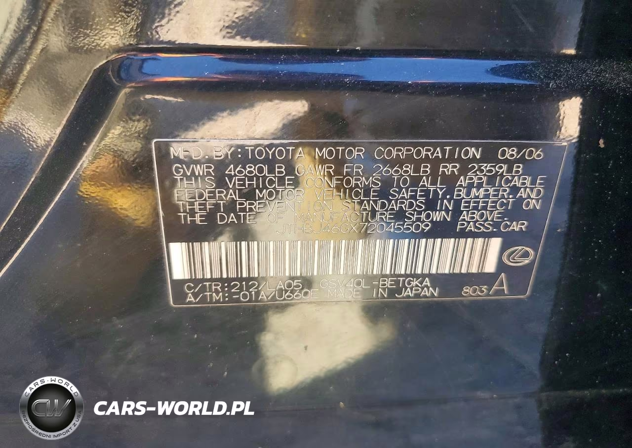 2007 Lexus Es 350 VIN:JTHBJ46GX72045509 - 12