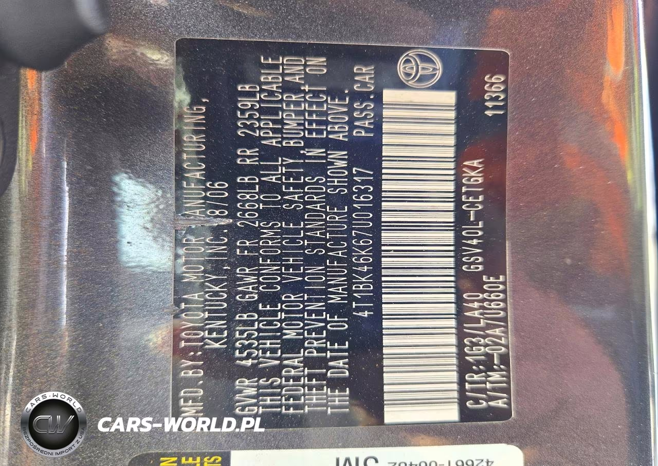 2007 Toyota Camry Xle V6 VIN:4T1BK46K67U016317 - 12