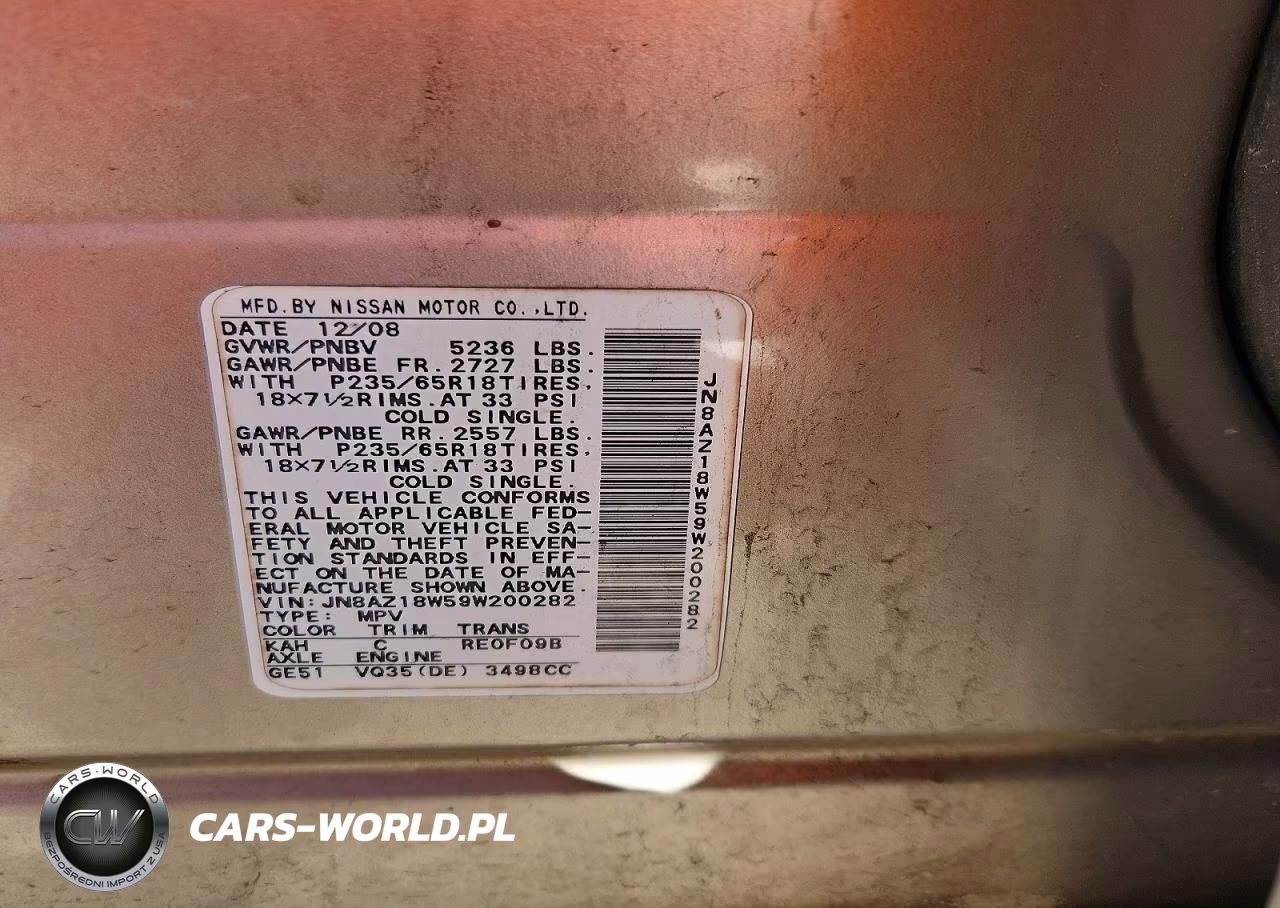 2009 Nissan Murano S VIN:JN8AZ18W59W200282 - 13