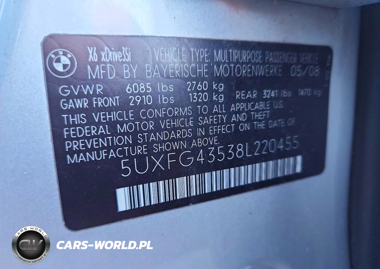 2008 BMW X6 xDrive35I VIN:5UXFG43538L220455 - 13