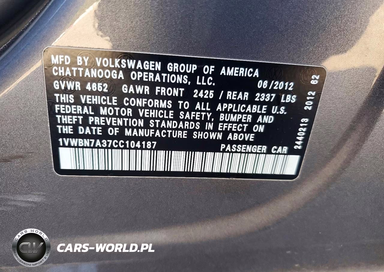 2012 Volkswagen Passat Se VIN:1VWBN7A37CC104187 - 12