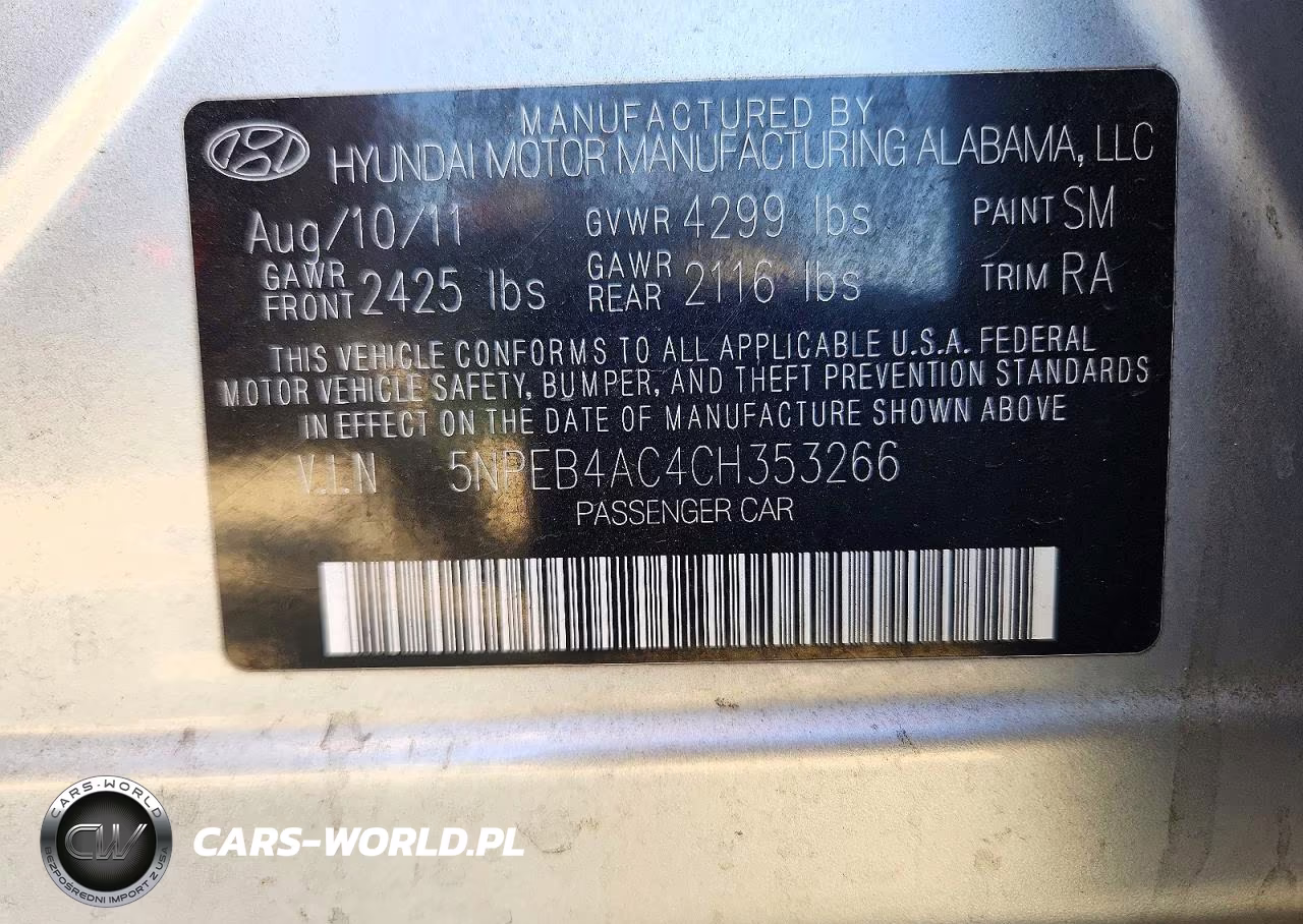 2012 Hyundai Sonata Gls VIN:5NPEB4AC4CH353266 - 12