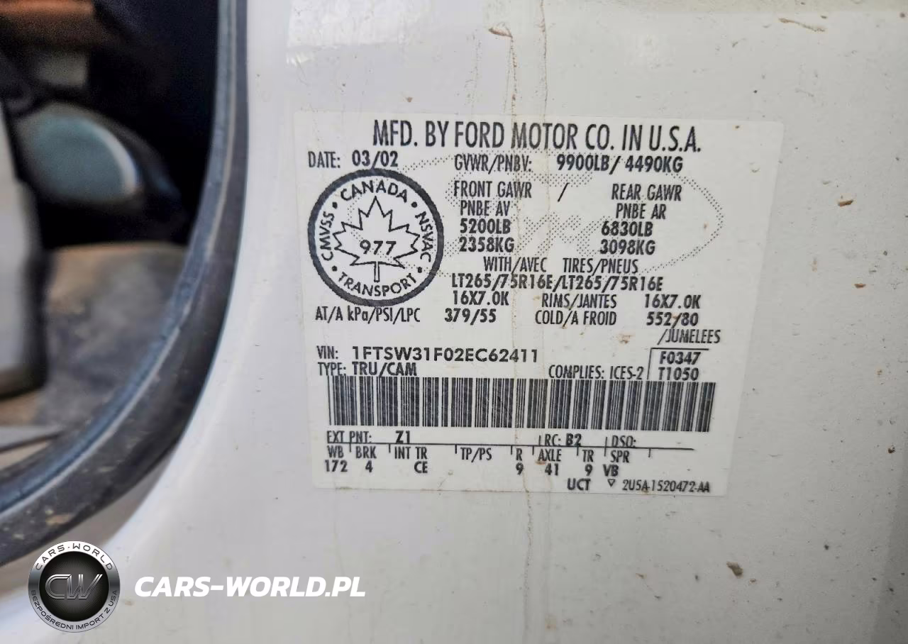 2002 Ford F350 Srw Super Duty VIN:1FTSW31F02EC62411 - 12