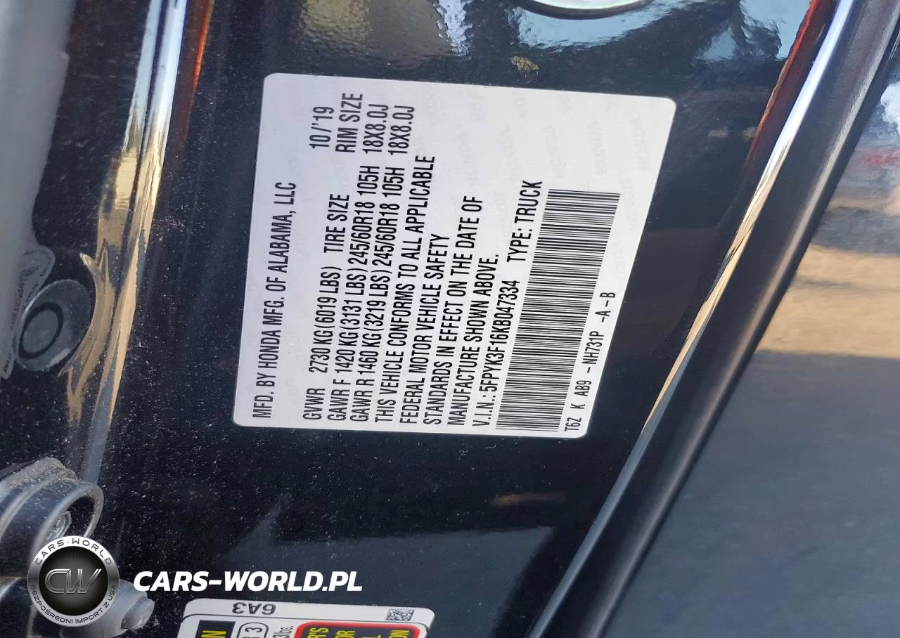 2019 Honda Ridgeline Sport VIN:5FPYK3F16KB047334 - 12