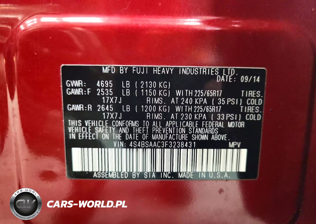 2015 Subaru Outback 2.5I VIN:4S4BSAAC3F3238431 - 13