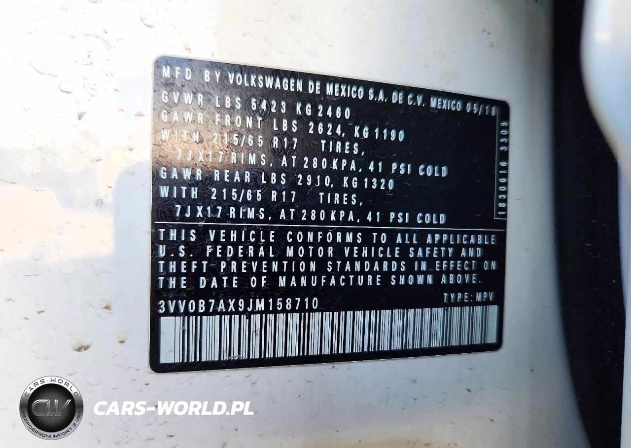 2018 Volkswagen Tiguan S VIN:3VV0B7AX9JM158710 - 13