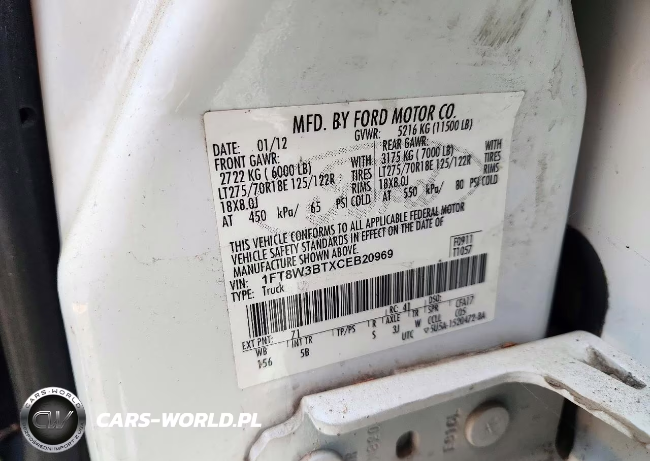 2012 Ford F350 Super Duty VIN:1FT8W3BTXCEB20969 - 12