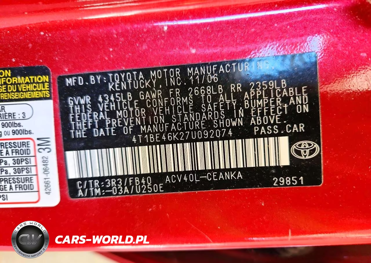 2007 Toyota Camry Le VIN:4T1BE46K27U092074 - 12