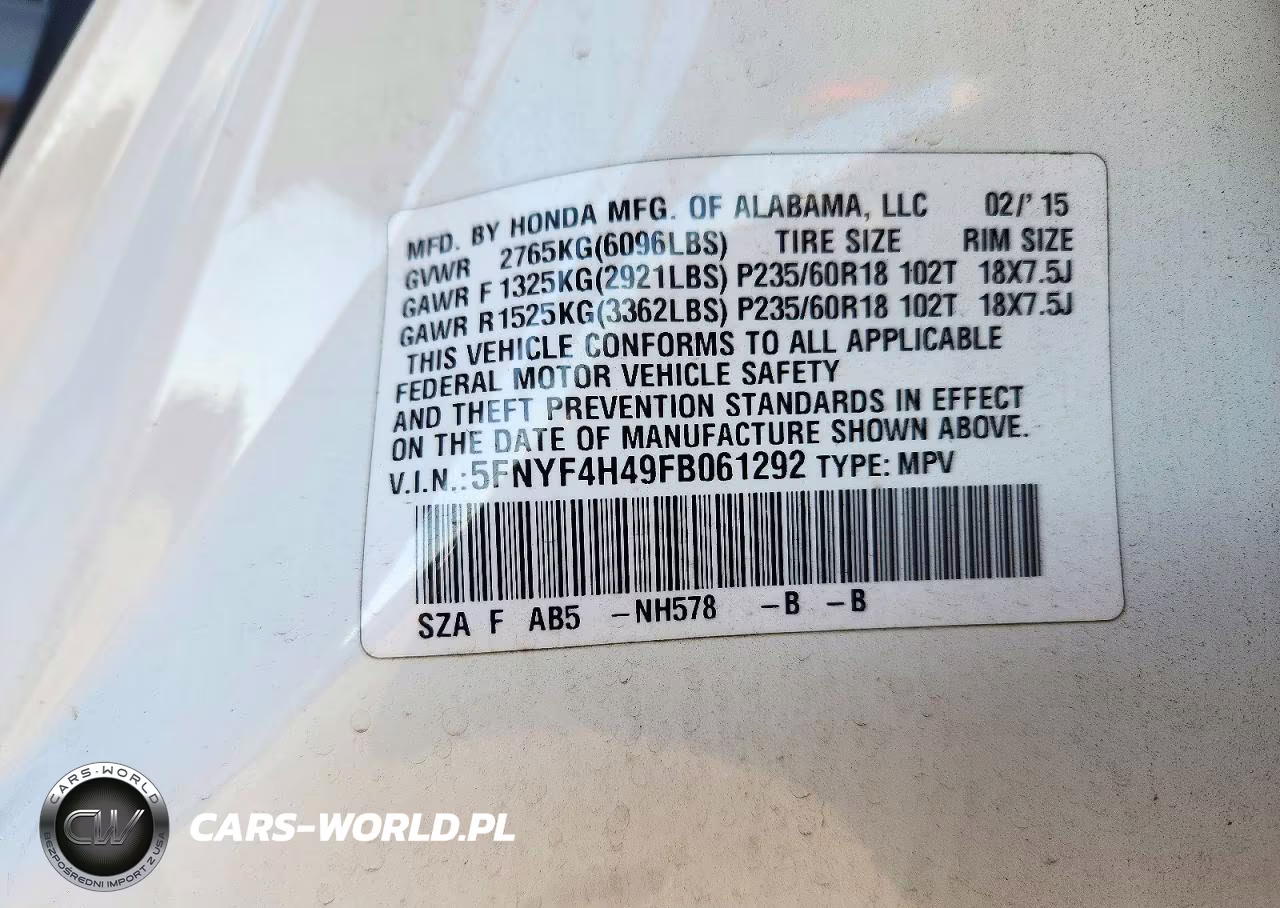 2015 Honda Pilot Ex VIN:5FNYF4H49FB061292 - 13