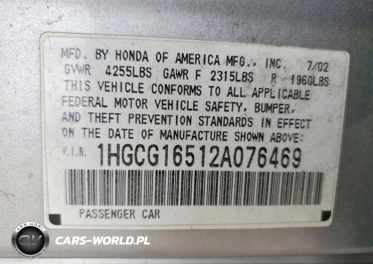 2002 Honda Accord Ex VIN:1HGCG16512A076469 - 12