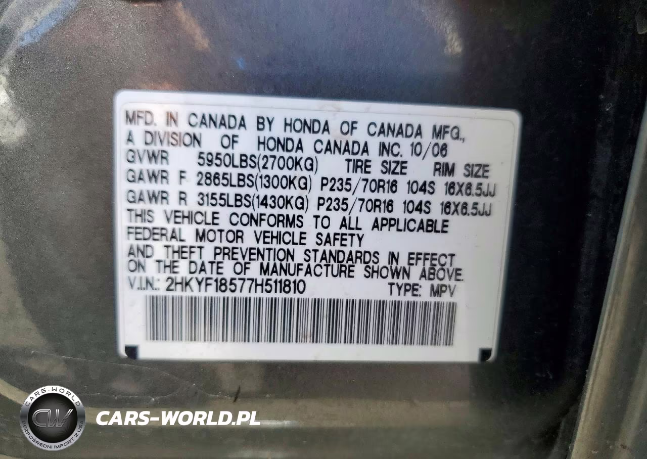 2007 Honda Pilot Ex-L VIN:2HKYF18577H511810 - 13