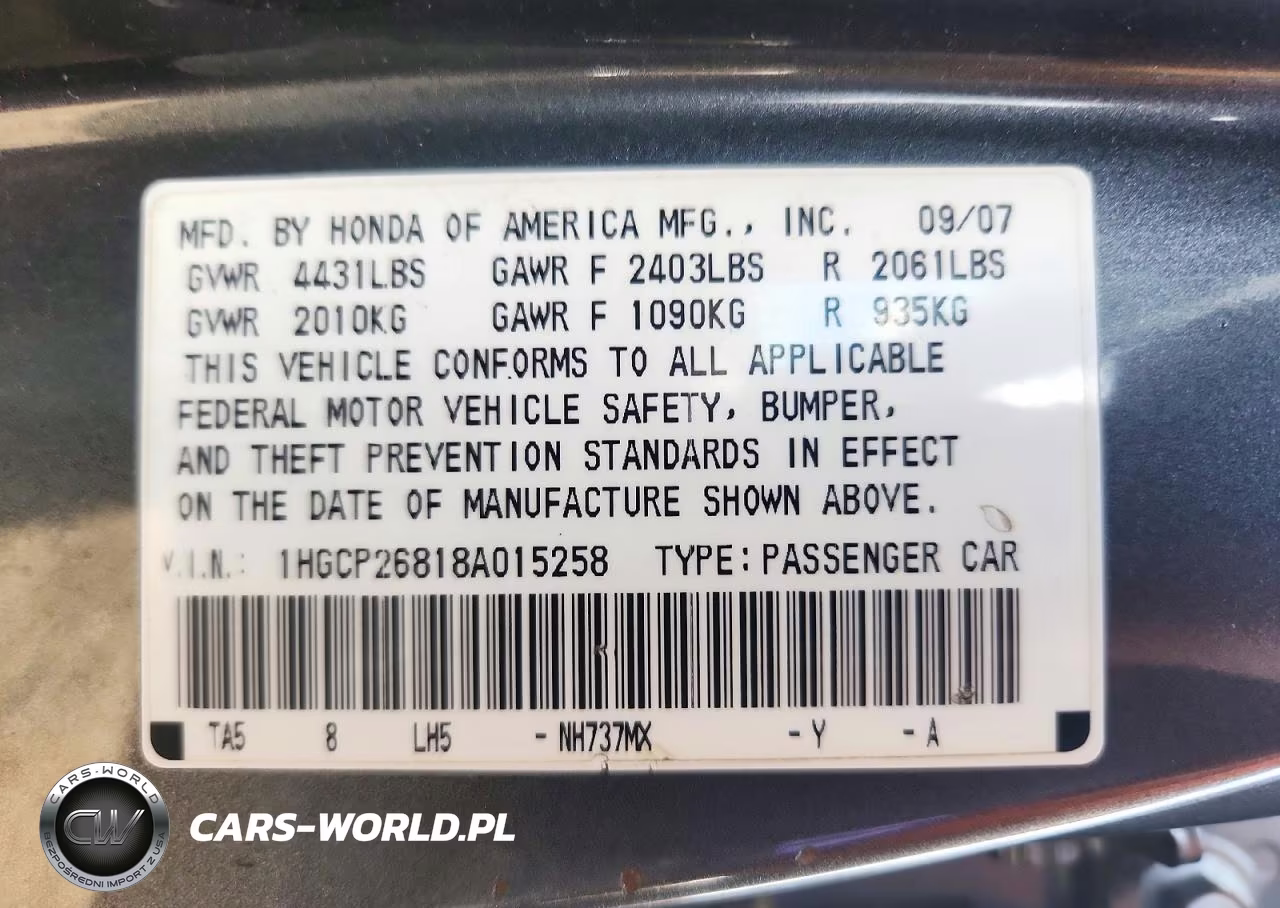 2008 Honda Accord Exl VIN:1HGCP26818A015258 - 12
