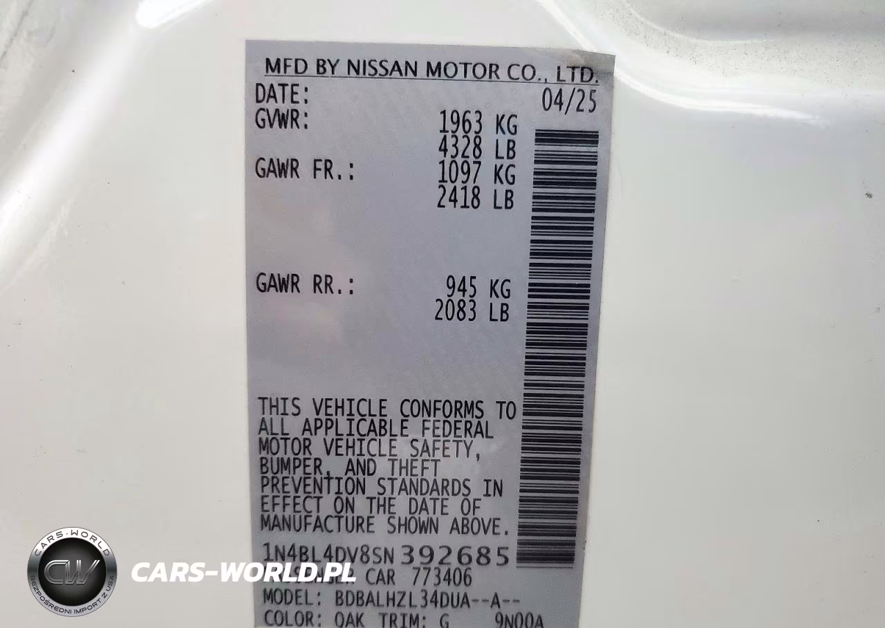 2025 Nissan Altima Sv VIN:1N4BL4DV8SN392685 - 12