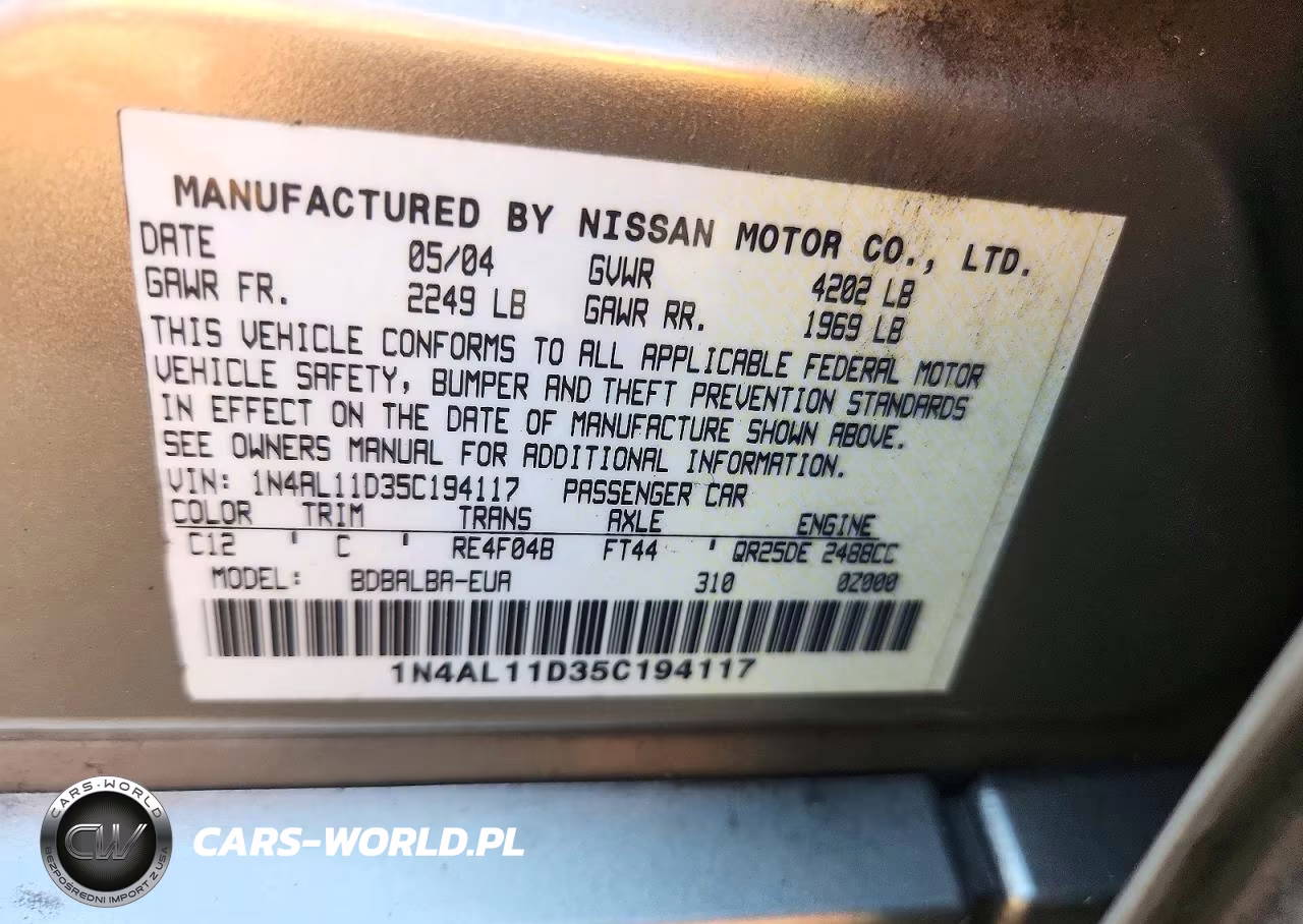 2005 Nissan Altima 2.5 VIN:1N4AL11D35C194117 - 12