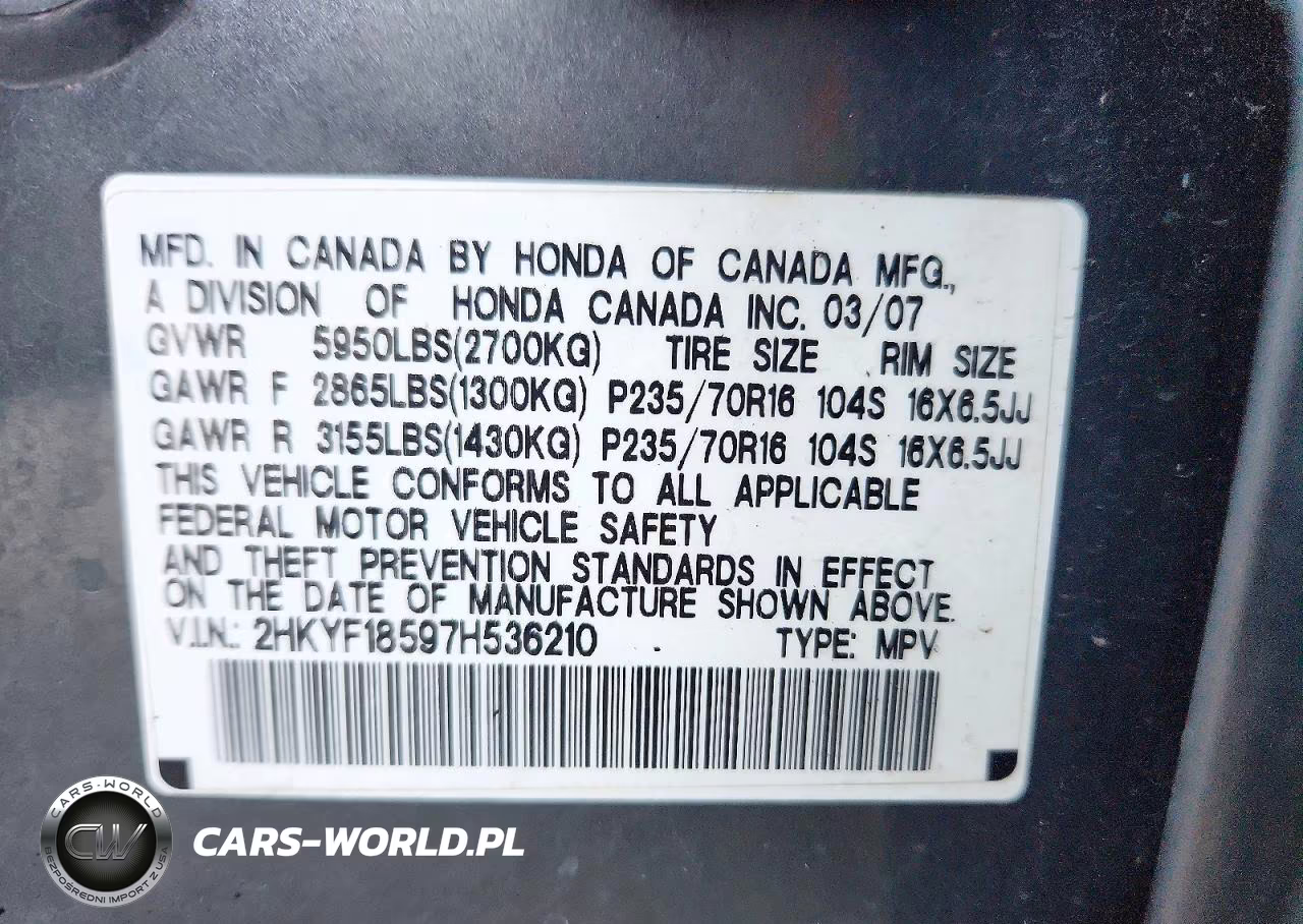 2007 Honda Pilot Exl VIN:2HKYF18597H536210 - 13