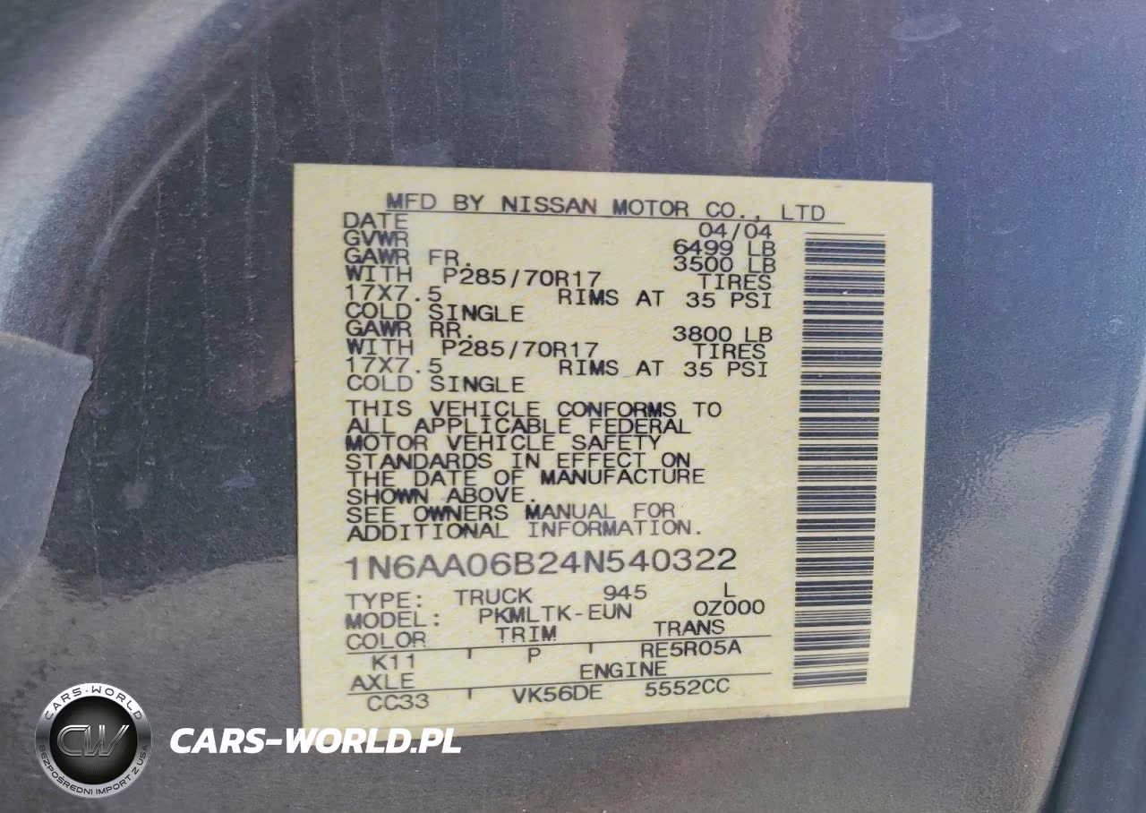 2004 Nissan Titan Xe VIN:1N6AA06B24N540322 - 12