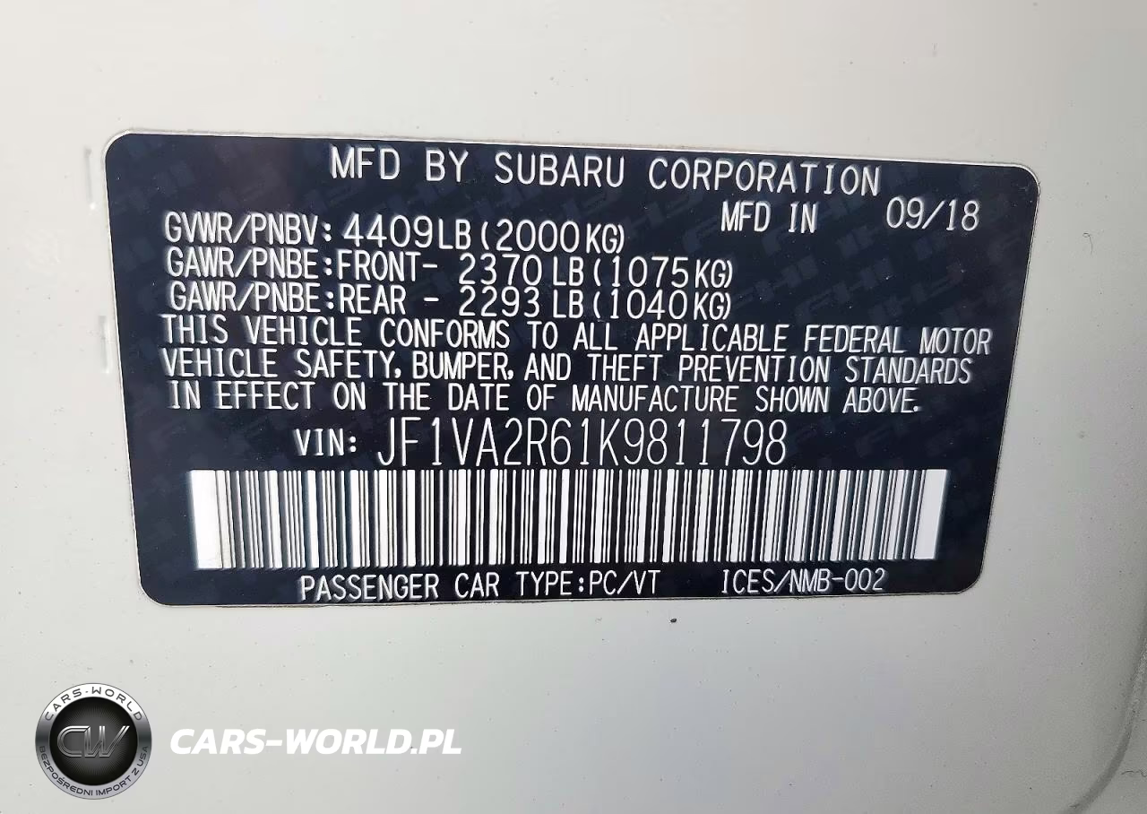 2019 Subaru Wrx Sti VIN:JF1VA2R61K9811798 - 12