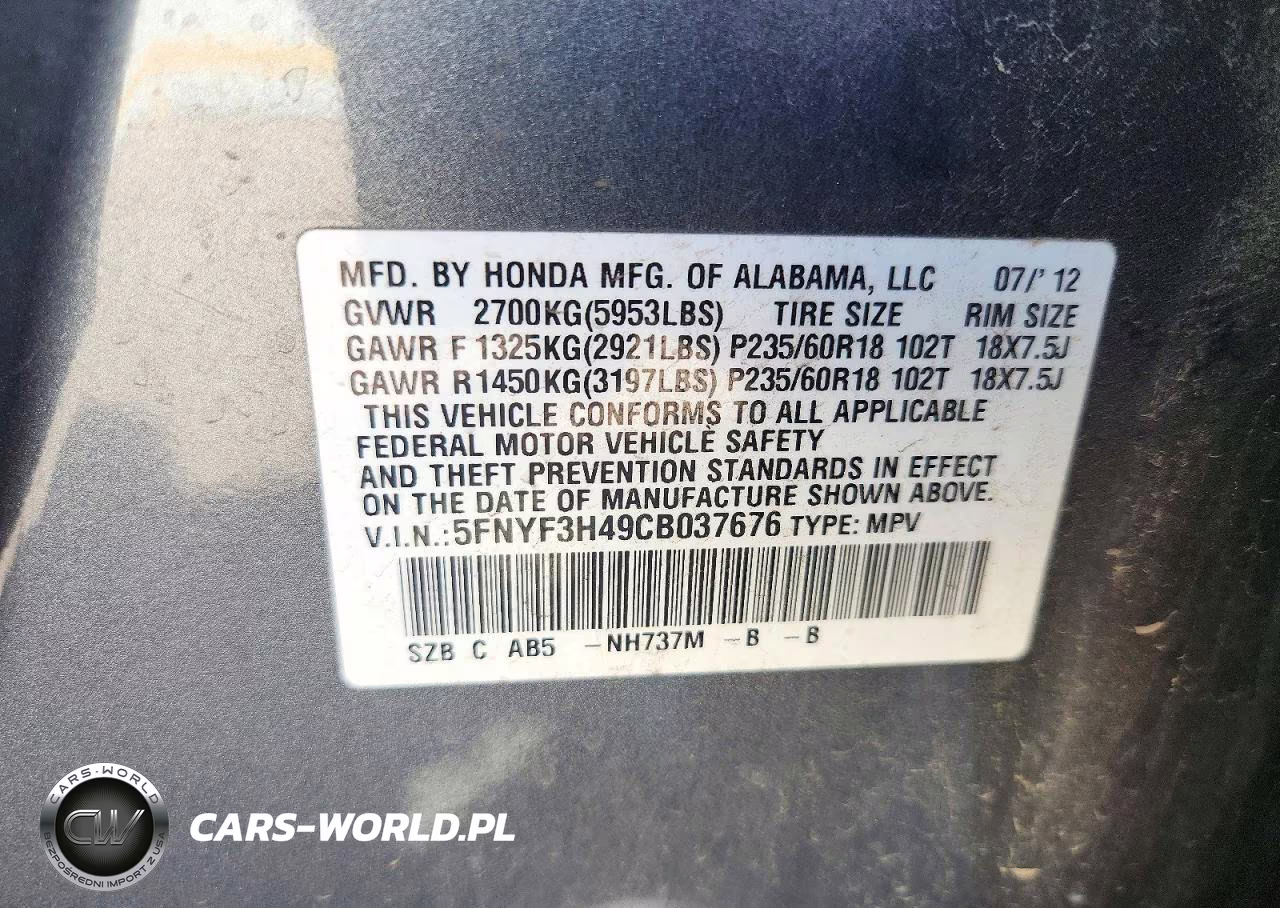 2012 Honda Pilot Ex VIN:5FNYF3H49CB037676 - 13