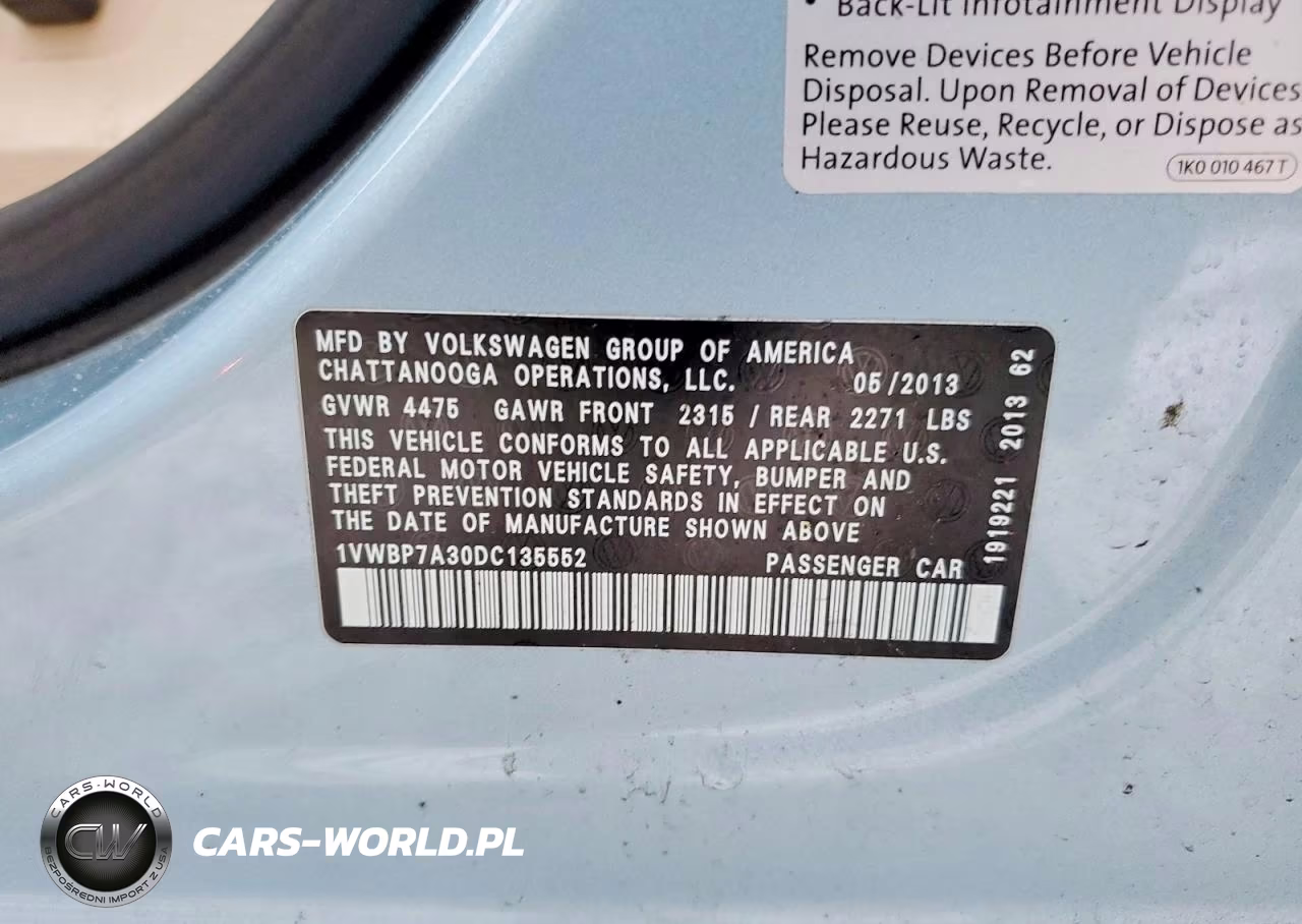 2013 Volkswagen Passat Se VIN:1VWBP7A30DC135552 - 12