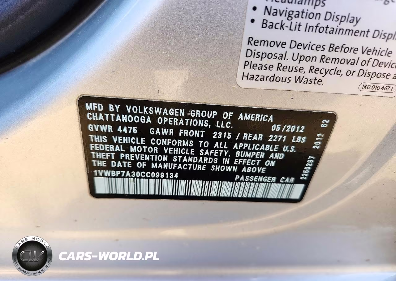 2012 Volkswagen Passat Se VIN:1VWBP7A30CC099134 - 12