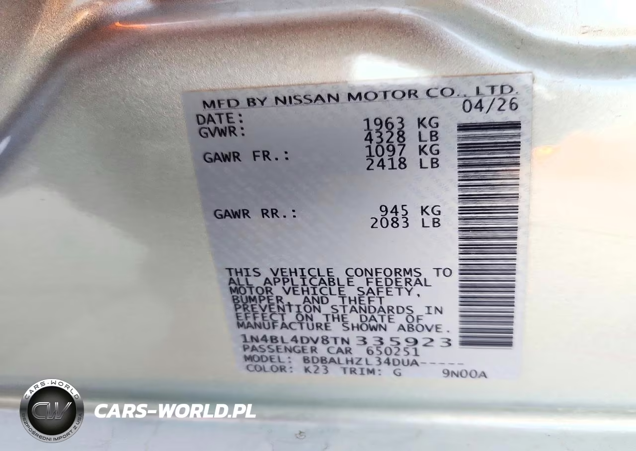 2026 Nissan Altima Sv VIN:1N4BL4DV8TN335923 - 13