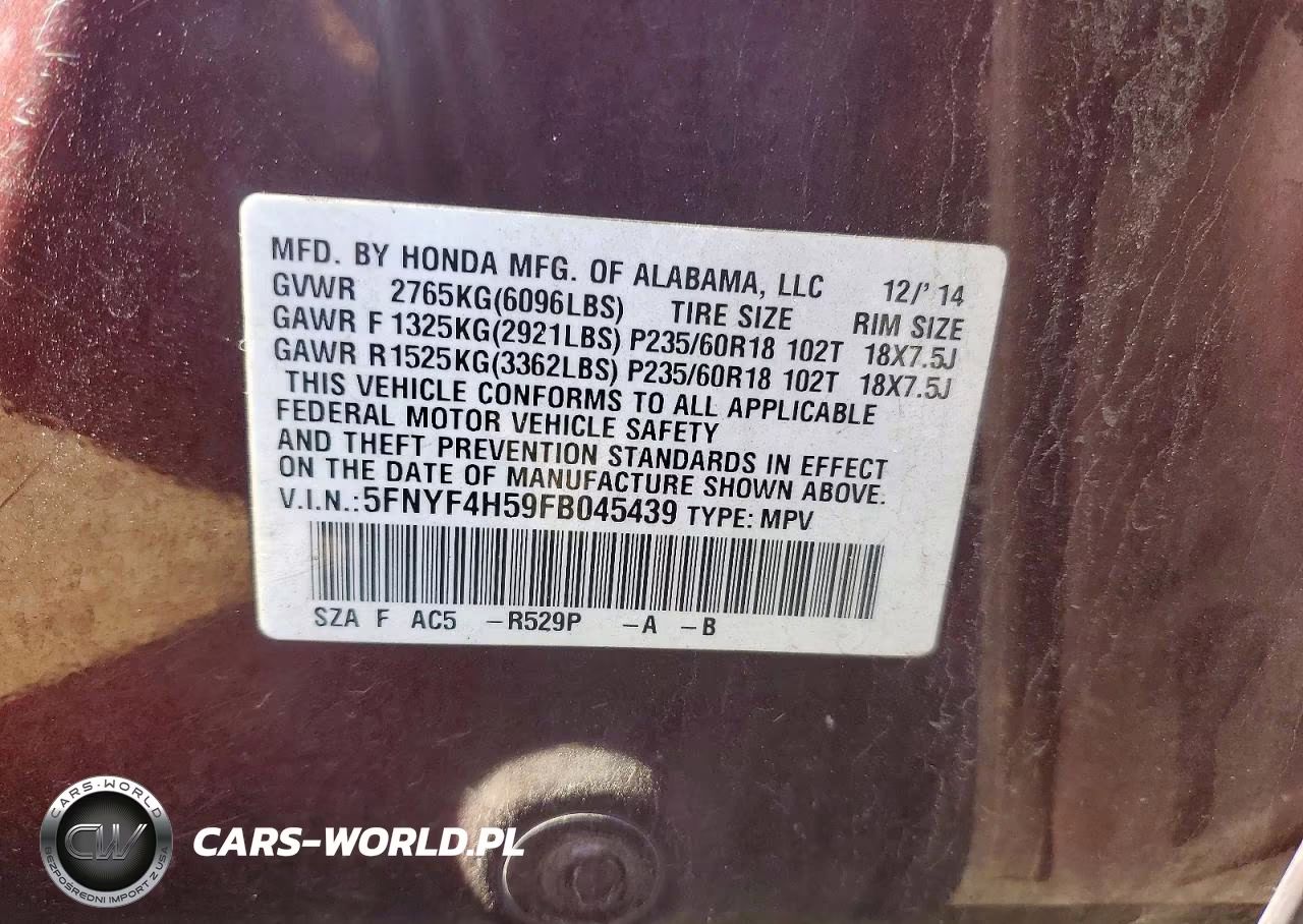 2015 Honda Pilot Exl VIN:5FNYF4H59FB045439 - 13