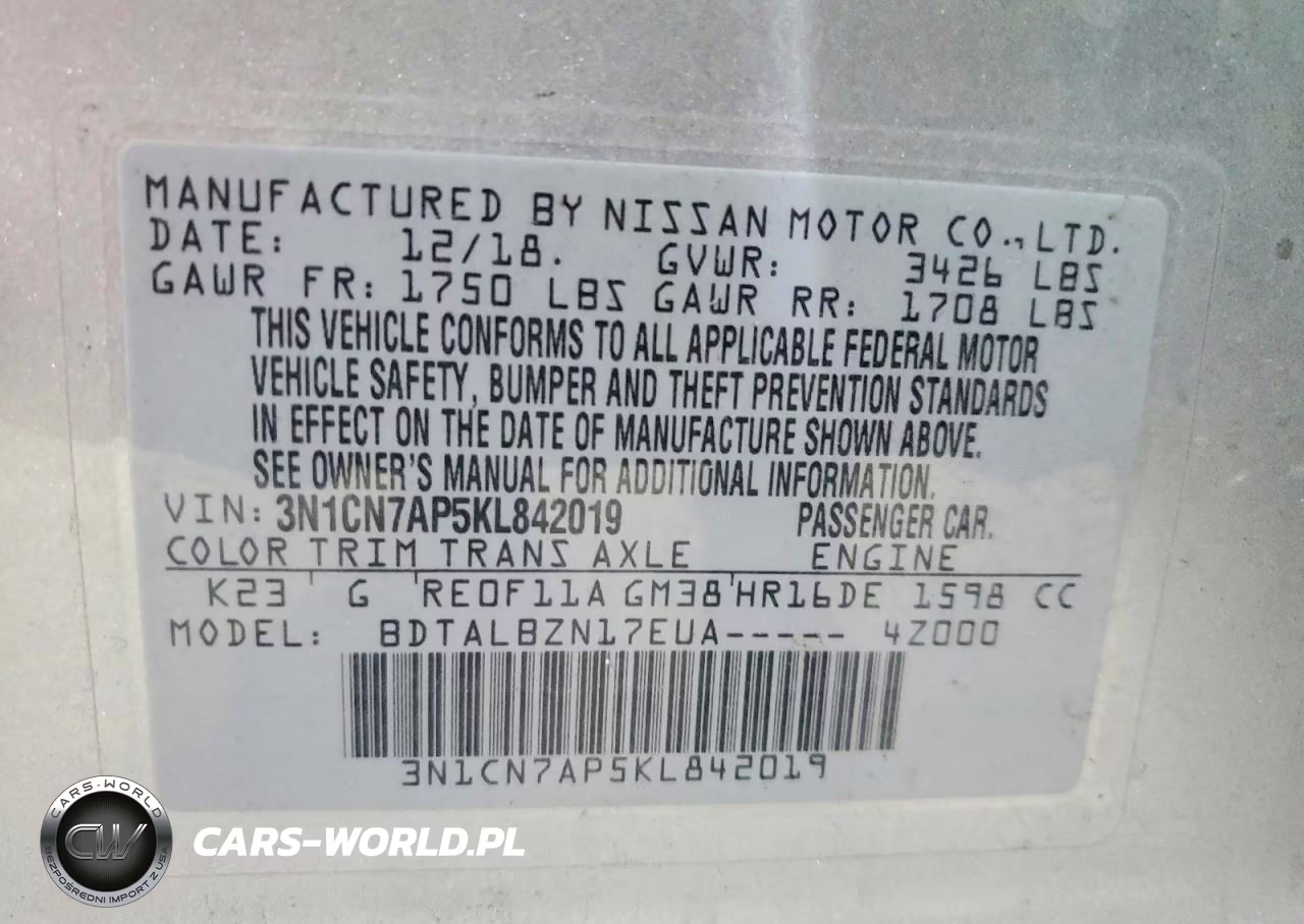 2019 Niss Versa Sv VIN:3N1CN7AP5KL842019 - 13