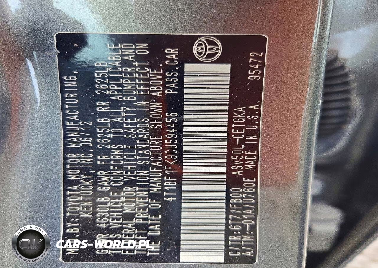 2012 Toyota Camry Xle VIN:4T1BF1FK9CU594456 - 12