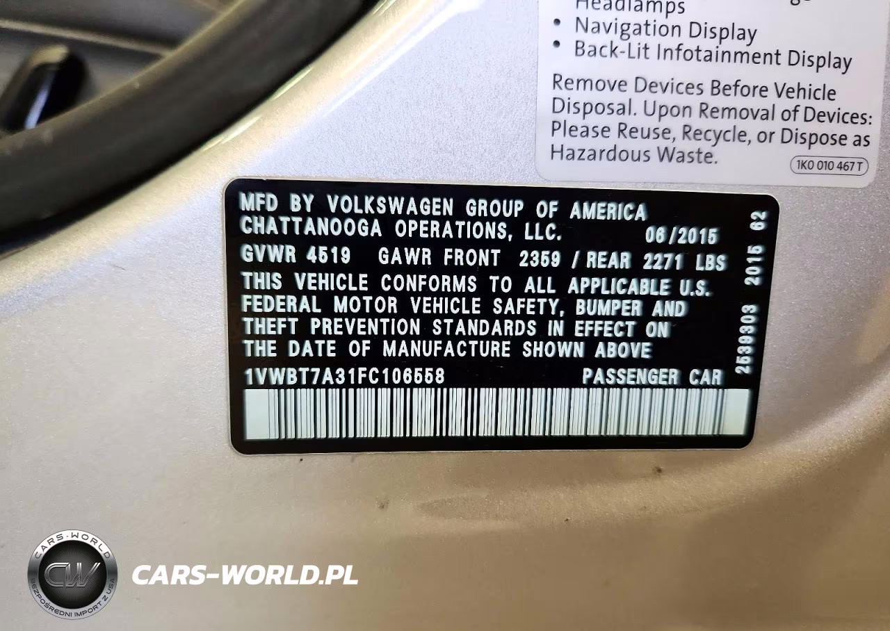 2015 Volkswagen Passat Se VIN:1VWBT7A31FC106558 - 12
