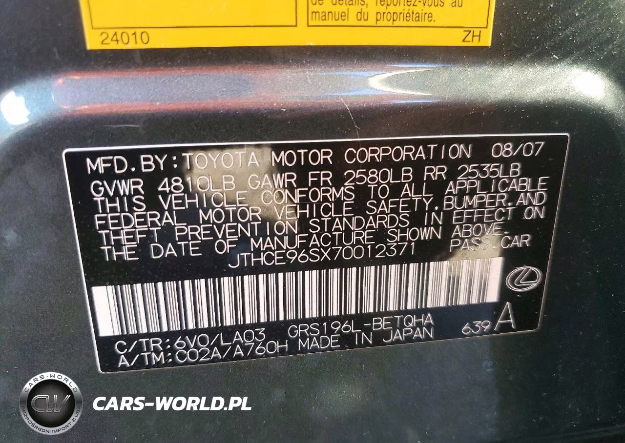 2007 Lexus Gs 350 VIN:JTHCE96SX70012371 - 12