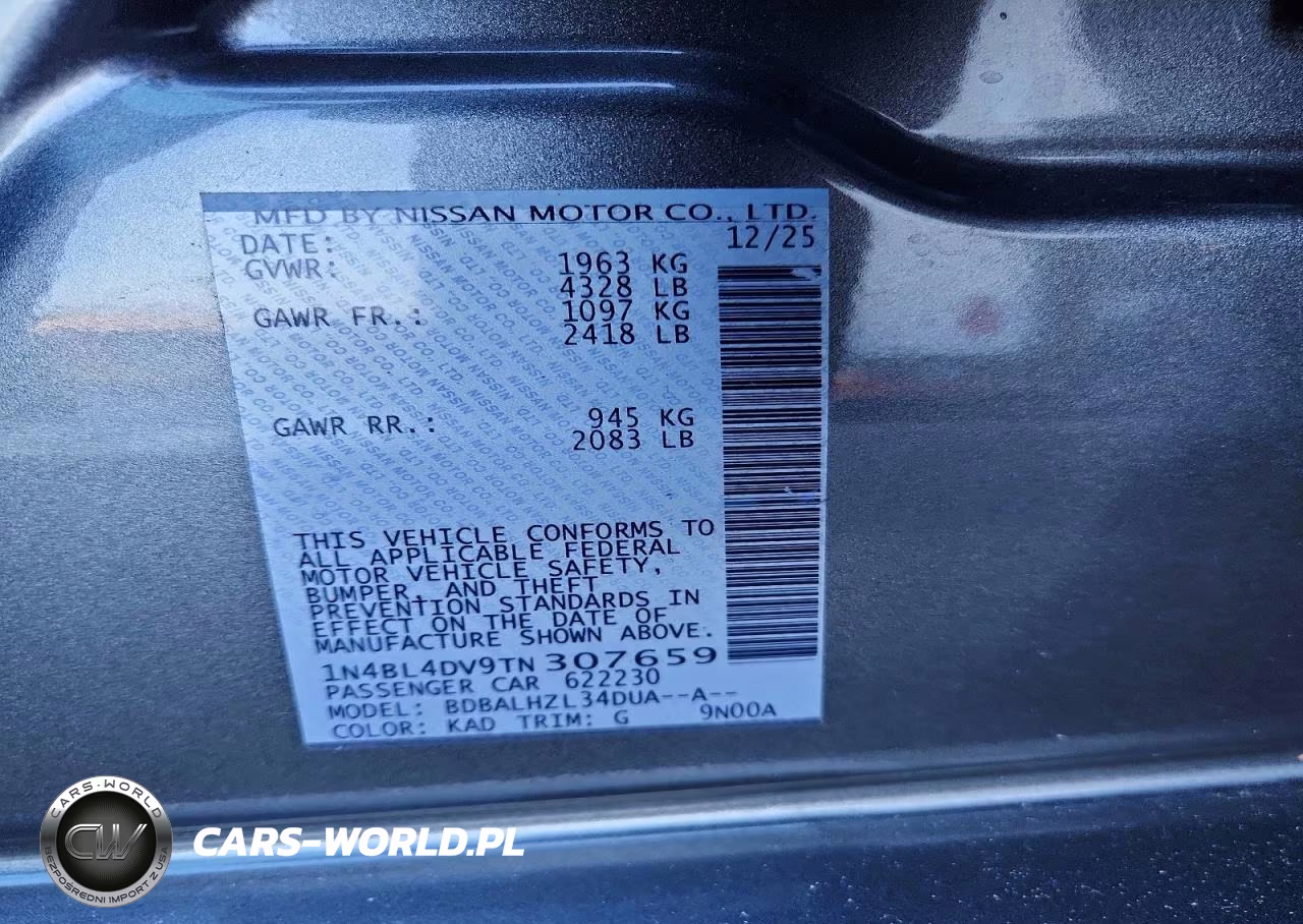 2026 Nissan Altima Sv VIN:1N4BL4DV9TN307659 - 12