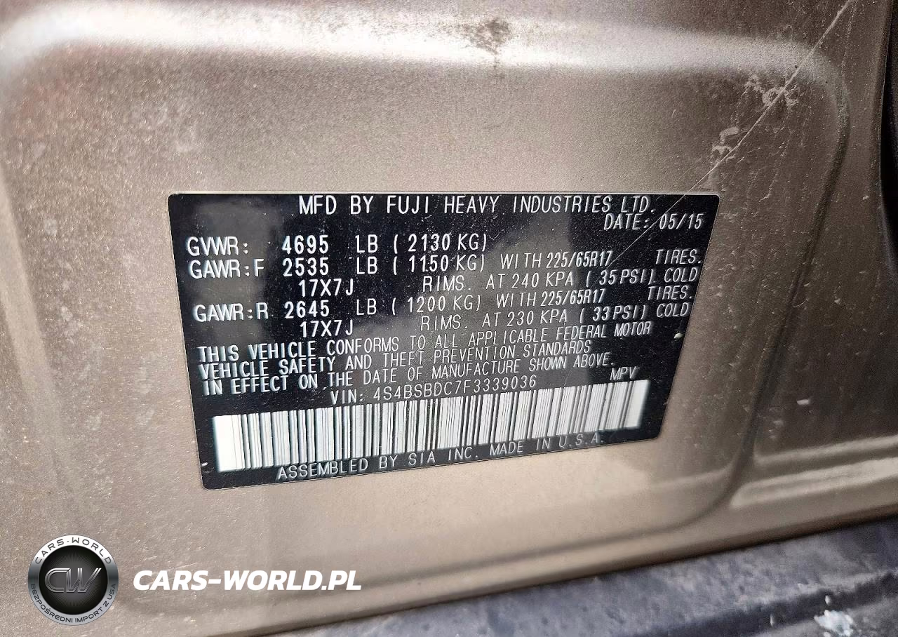 2015 Subaru Outback 2.5I Premium VIN:4S4BSBDC7F3339036 - 13