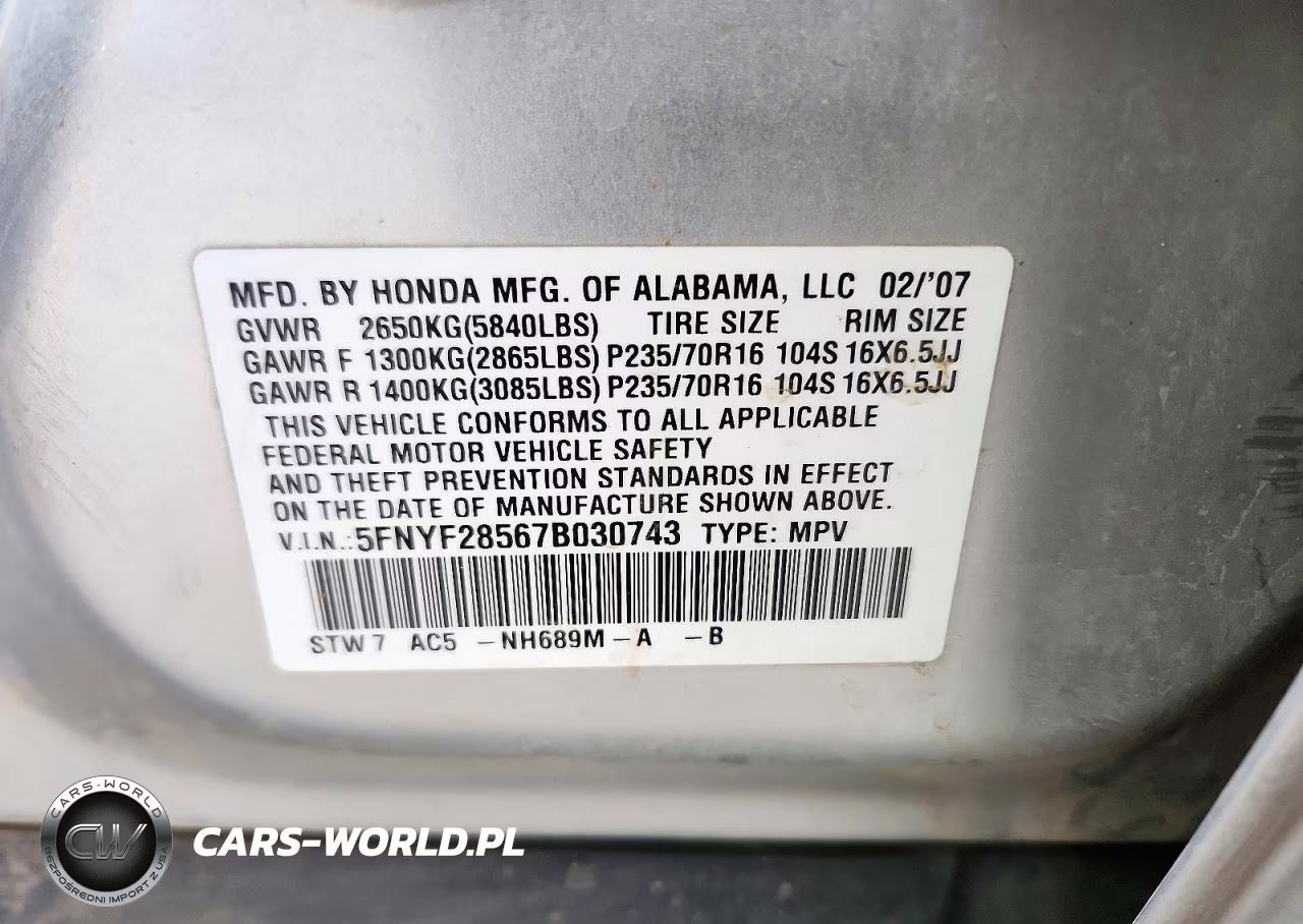 2007 Honda Pilot Exl VIN:5FNYF28567B030743 - 13