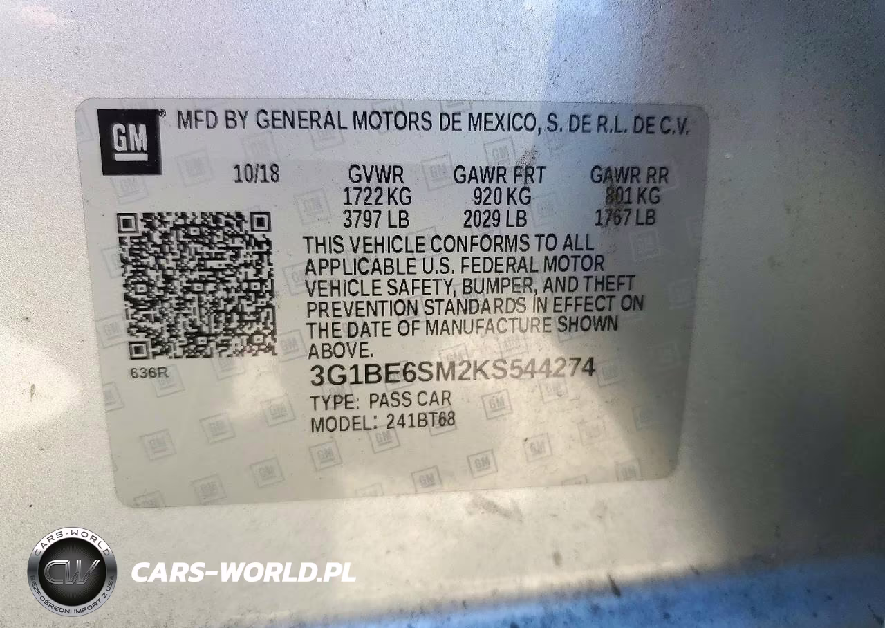 2019 Chevrolet Cruze Lt VIN:3G1BE6SM2KS544274 - 12
