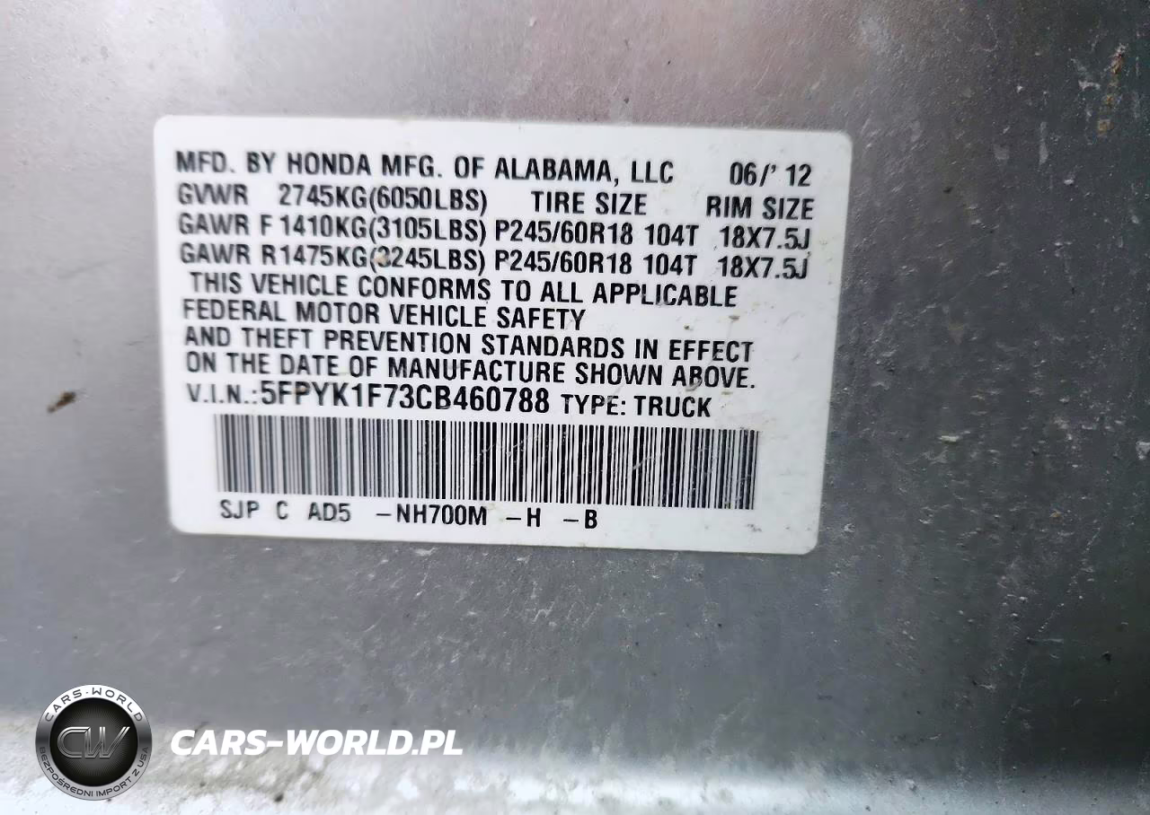 2012 Honda Ridgeline Sport VIN:5FPYK1F73CB460788 - 12