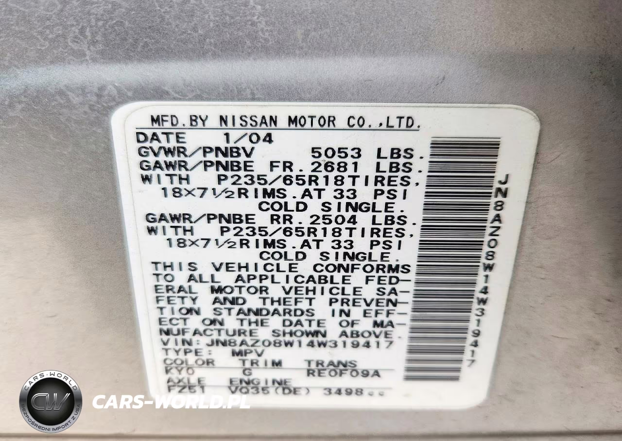 2004 Nissan Murano Sl VIN:JN8AZ08W14W319417 - 13