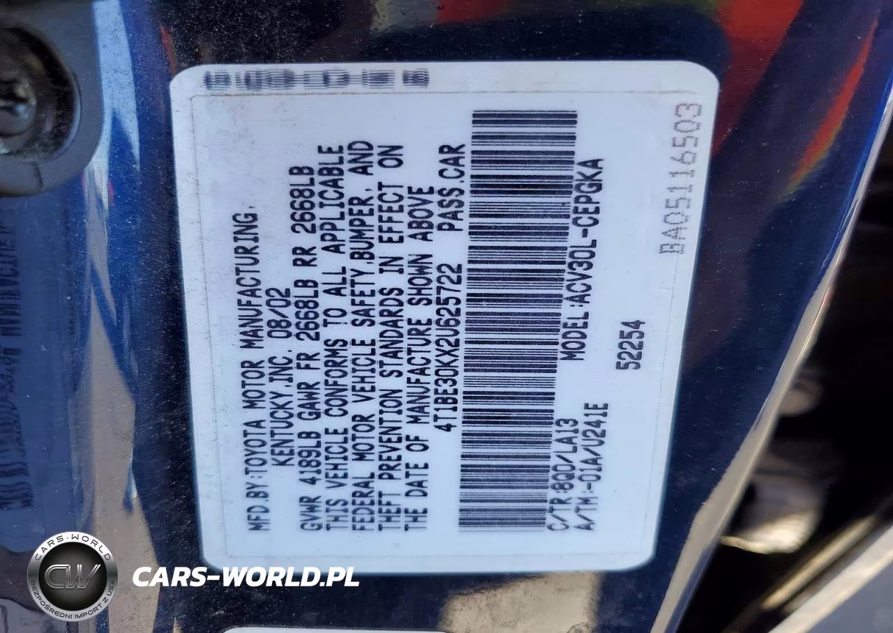2002 Toyota Camry VIN:4T1BE30KX2U625722 - 12
