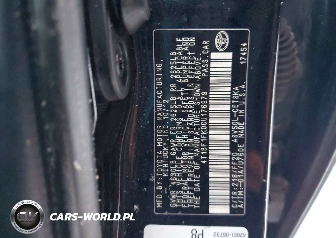2012 Toyota Camry Base VIN:4T1BF1FK0CU176979 - 12