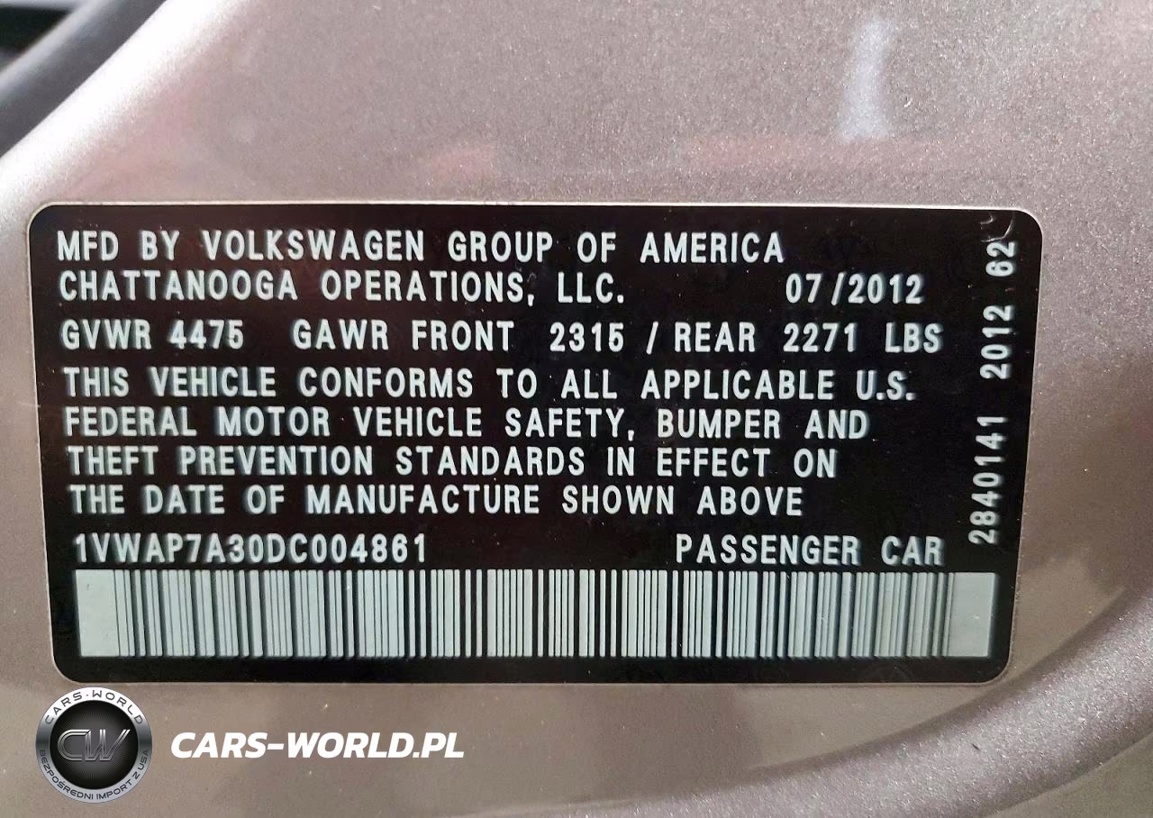 2013 Volkswagen Passat S VIN:1VWAP7A30DC004861 - 12