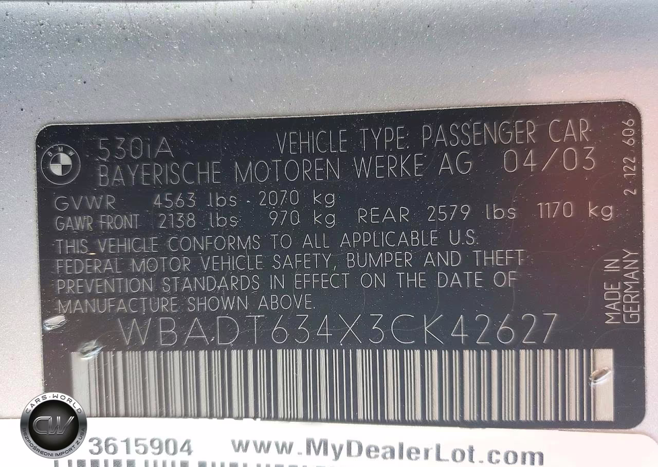 2003 BMW 530 I Automatic VIN:WBADT634X3CK42627 - 12