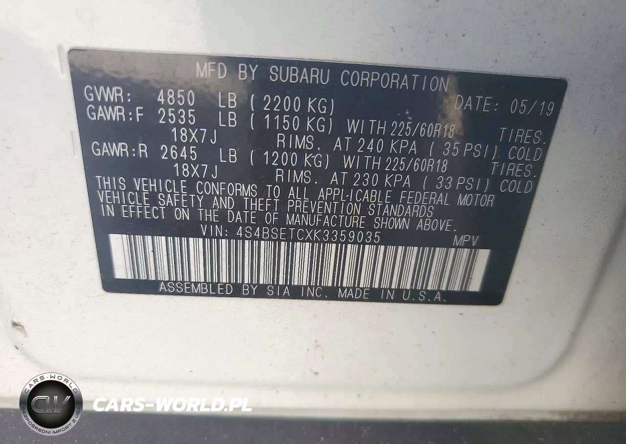 2019 Subaru Outback Touring VIN:4S4BSETCXK3359035 - 13