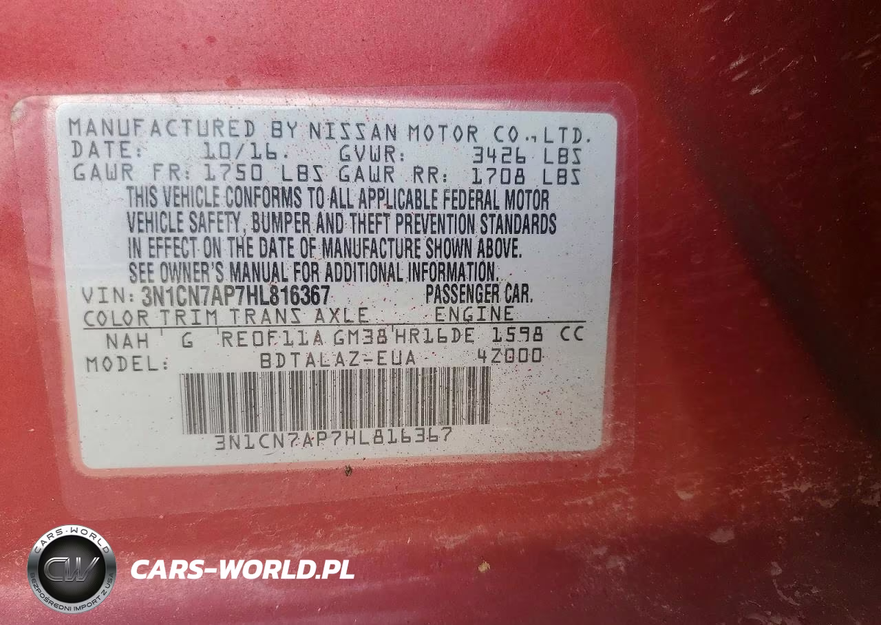 2017 Nissan Versa 1.6 S Plus VIN:3N1CN7AP7HL816367 - 12