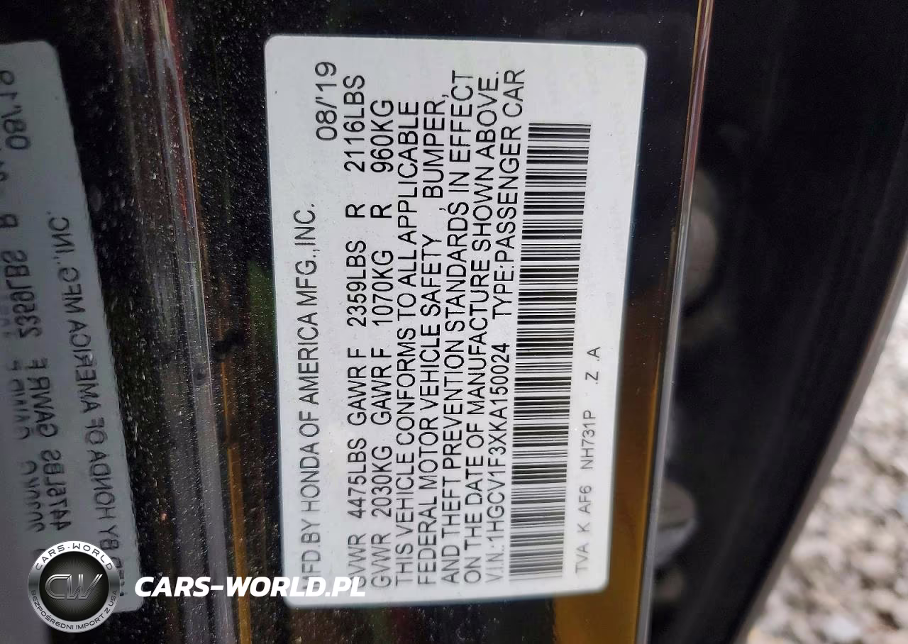 2019 Honda Accord Sport VIN:1HGCV1F3XKA150024 - 12