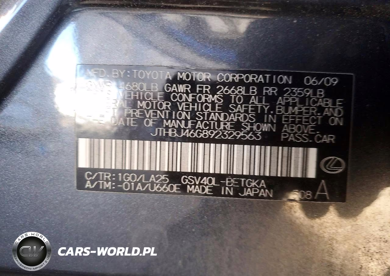 2009 Lexus Es 350 VIN:JTHBJ46G892329563 - 12
