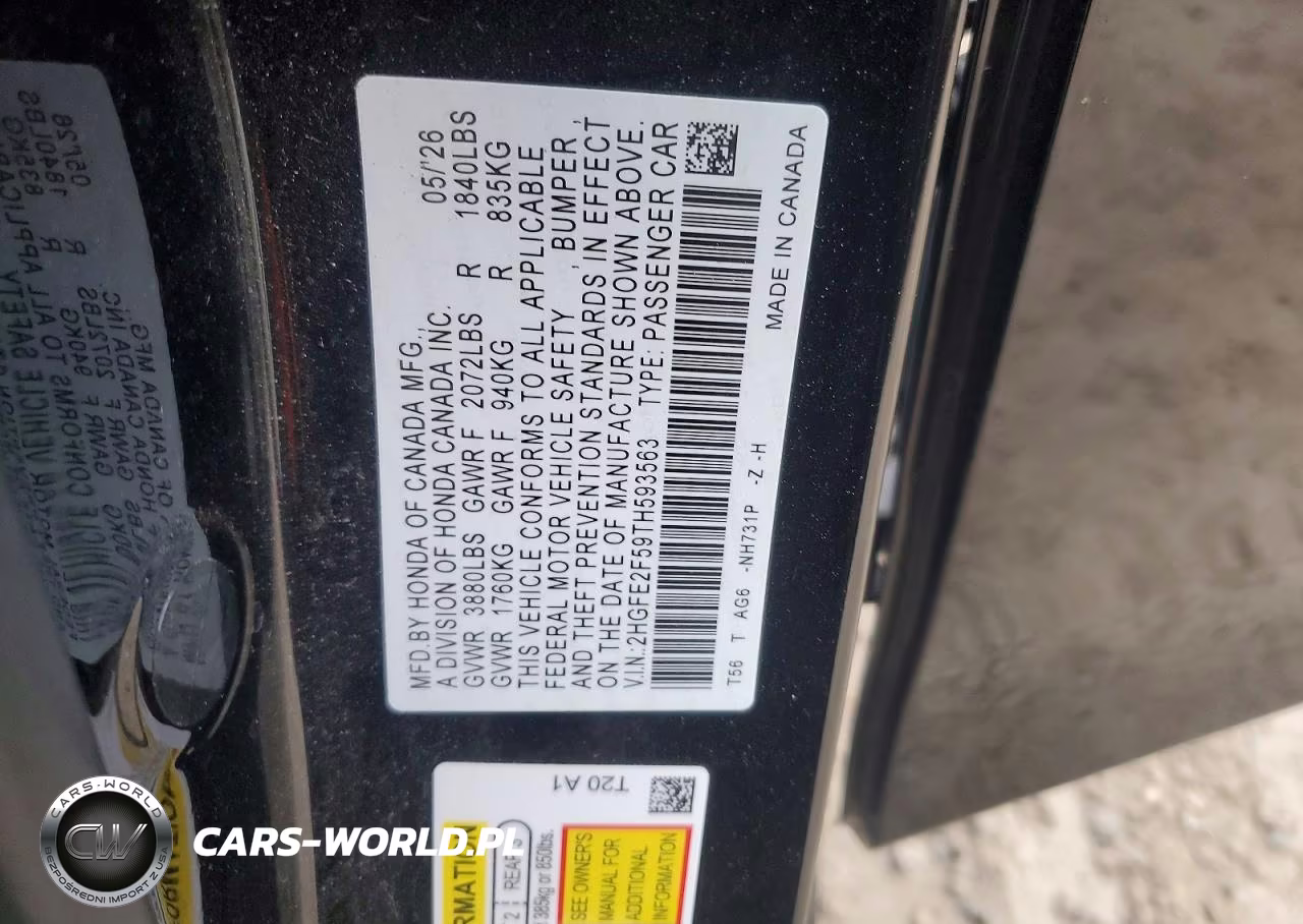 2026 Honda Civic Sport VIN:2HGFE2F59TH593563 - 12