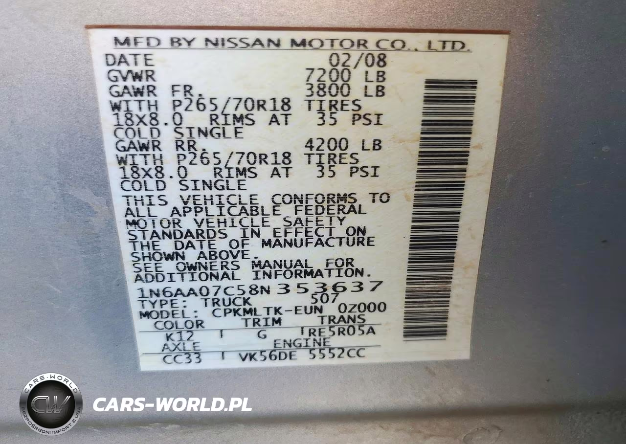 2008 Nissan Titan Xe VIN:1N6AA07C58N353637 - 13
