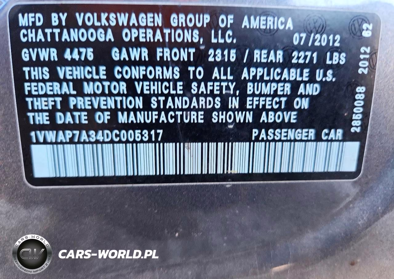 2013 Volkswagen Passat S VIN:1VWAP7A34DC005317 - 12