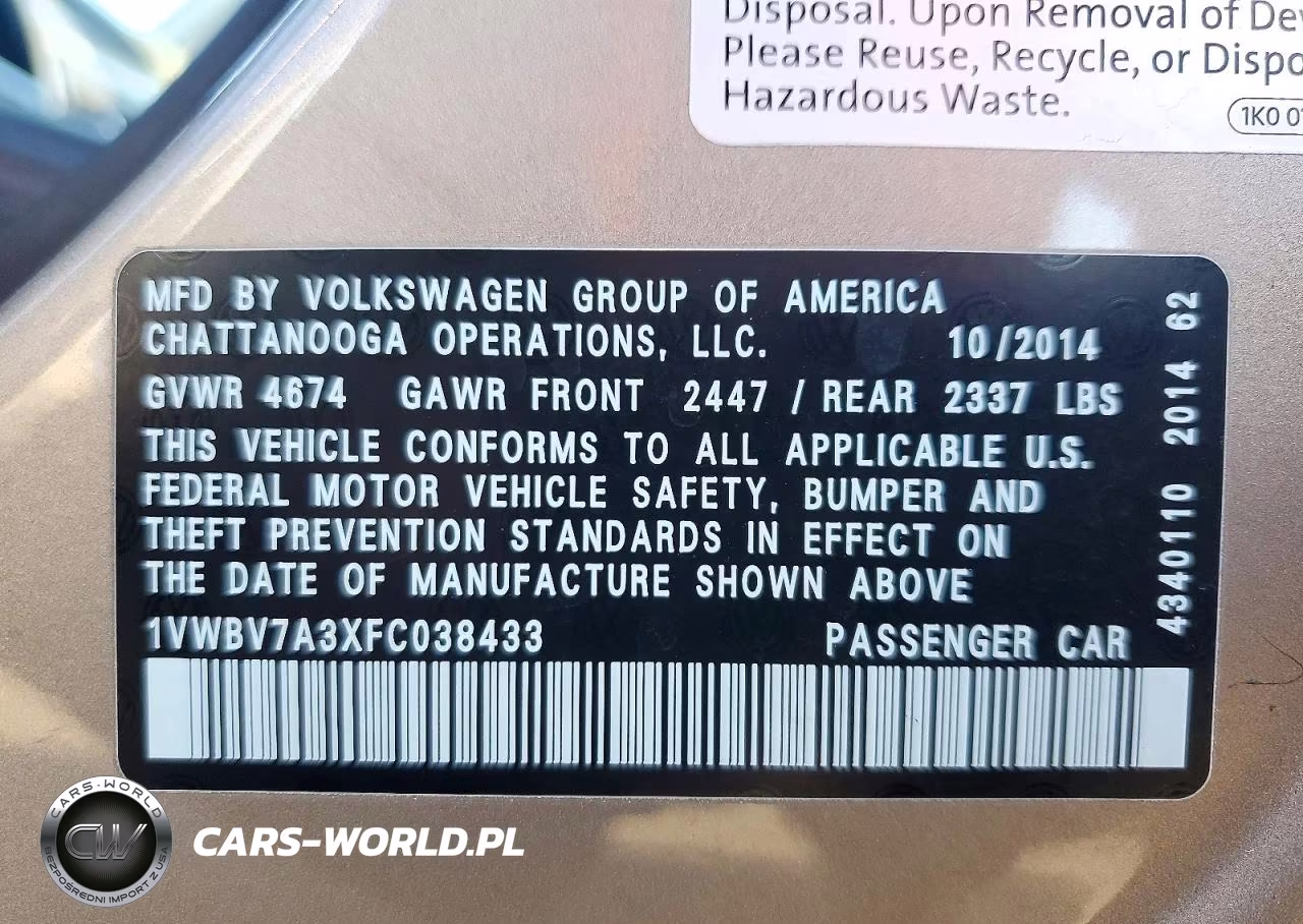 2015 Volkswagen Passat Se Automatic Se VIN:1VWBV7A3XFC038433 - 12